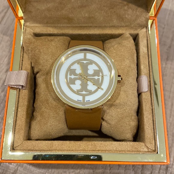 Tory Burch Reva Logo Leather Strap Watch 28mm - Picture 1 of 7